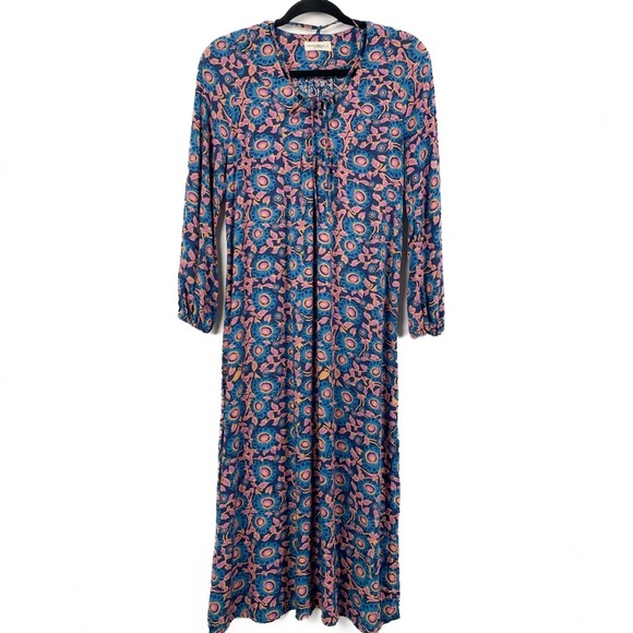 NATURAL LIFE Dresses & Skirts - Natural Life Womens Midi Dress S Floral Boho Tirered Long Sleeve Hippie Blue